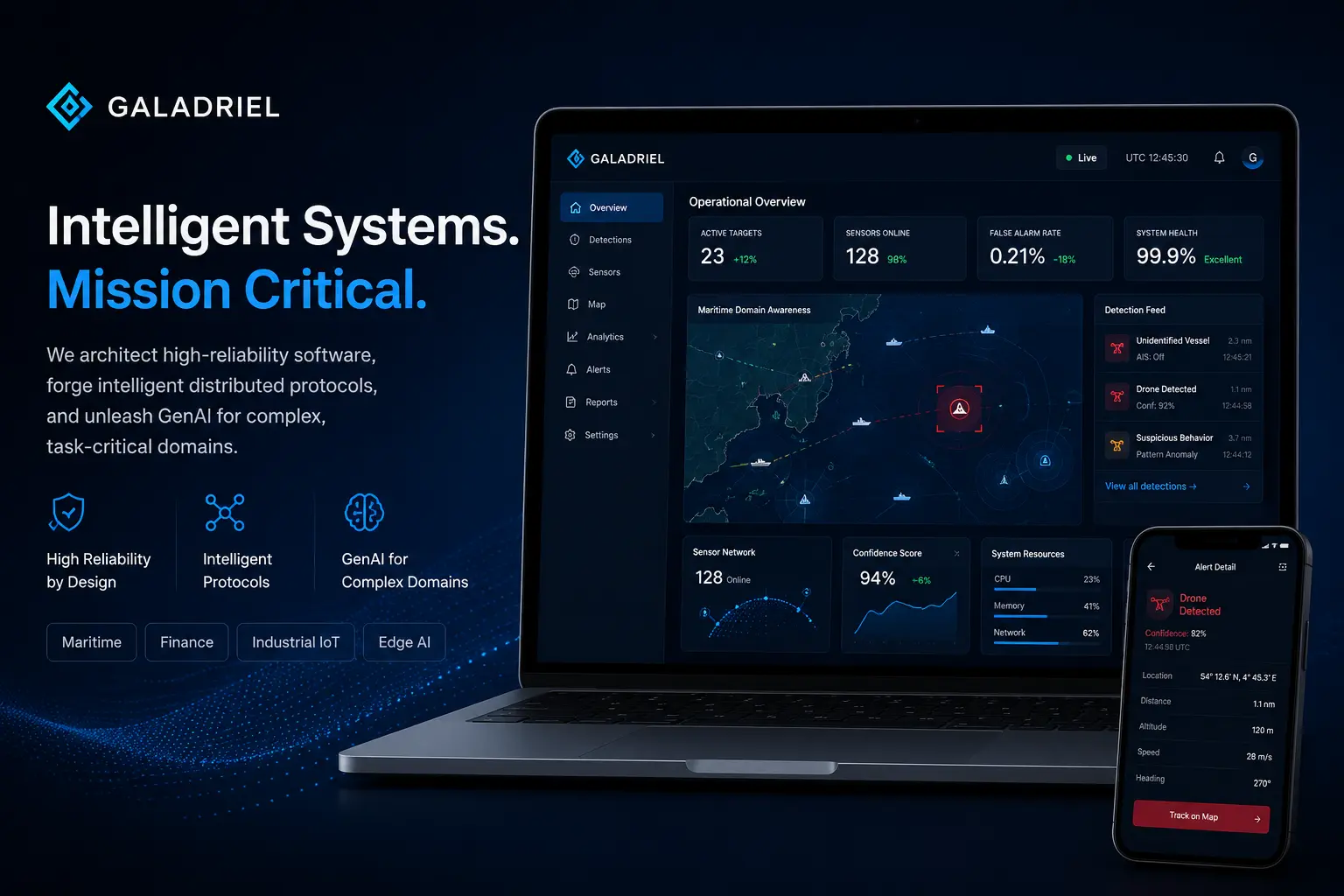 Galadriel operational dashboard showing drone detection and maritime awareness